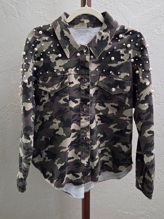 Jackets & Blazers - J1. Faux‎ Pearls And Rhinestones Camouflage Utility Jacket